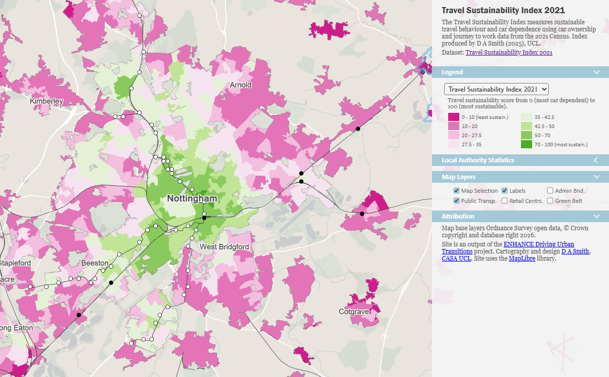 Travel Sustainability Index map for Nottingham
